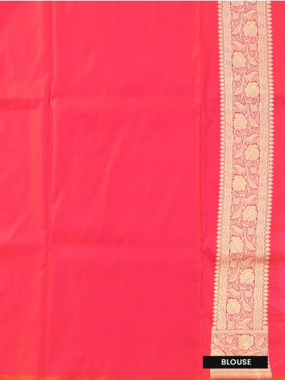 BlossomEase Semi Banarasi Scarlet Pink floral motifs with antique zari Border Saree