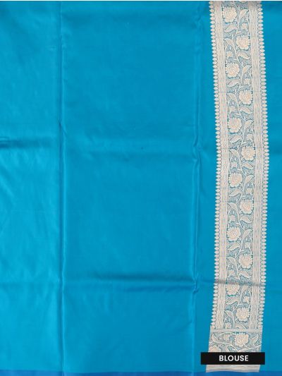 BlossomEase Semi Banarasi Cyan Blue floral motifs with antique zari Border Saree