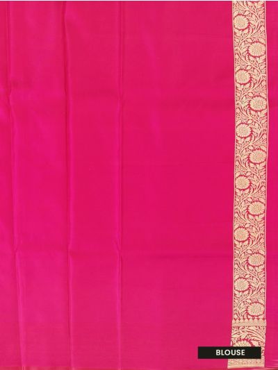 BlossomEase Semi Banarasi Gajari Pink floral motifs with antique zari Border Saree