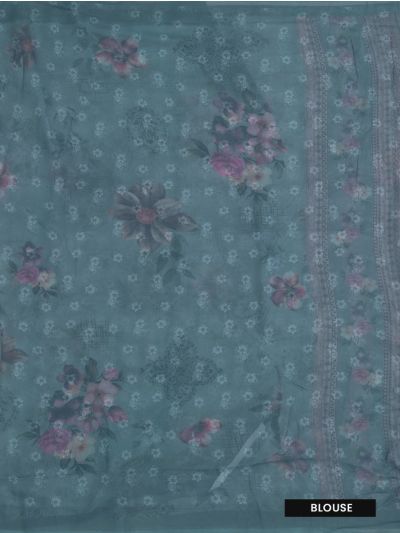 Gracecharm Pantone Dusty Blue Semi Jute Floral Butta with Floral Vine Pallu Saree