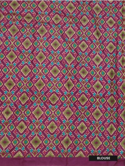 Gracecharm Deep Ruby Purple Fancy Ikat Print Silk Floral Paisley Motifs Pallu Saree