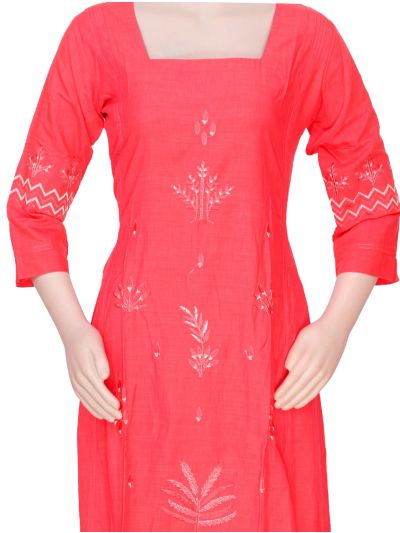 Graceful Muse Readymade Bright Coral Pink Botanical Embroidered Salwar Kameez