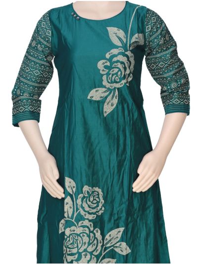 Graceful Muse Readymade Teal Green Rose Floral Printed Salwar Kameez