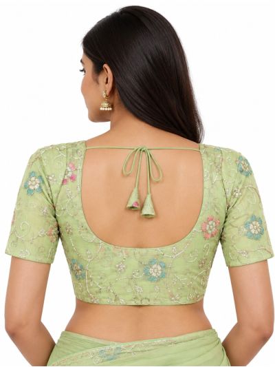 Graceful Essence Art Silk Light Pista Green Floral Embroidered Padded Blouse