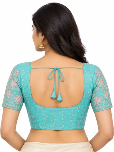 Graceful Essence Art Silk Aqua Blue Floral Embroidered Padded Blouse
