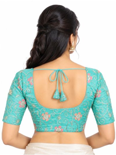 Graceful Essence Art Silk Turquoise Blue Floral Embroidered Padded Blouse