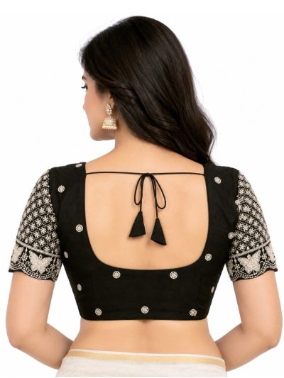 Graceful Essence Art Silk Black Floral Embroidered Padded Blouse