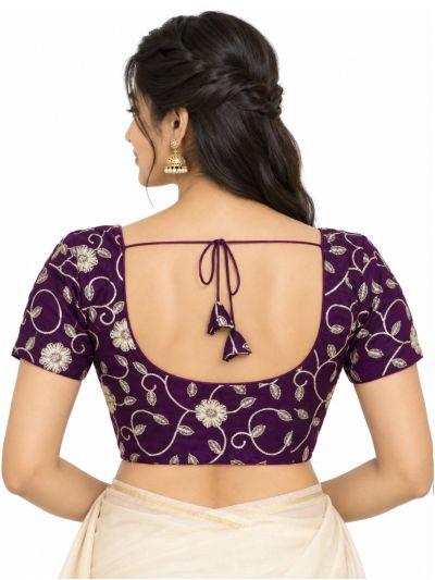 Graceful Essence Art Silk Deep Purple Floral Embroidered Padded Blouse