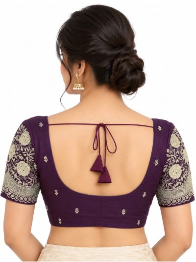 Graceful Essence Art Silk Deep Plum Purple Floral Embroidered Padded Blouse