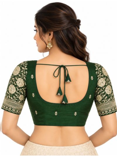 Graceful Essence Art Silk Bottle Green Floral Embroidered Padded Blouse