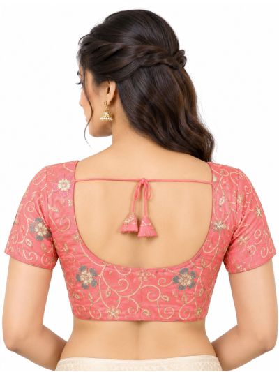 Graceful Essence Art Silk Coral Pink Floral Embroidered Padded Blouse
