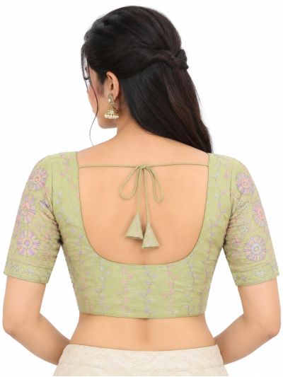 Graceful Essence Art Silk Light Pista Green Floral Embroidered Padded Blouse