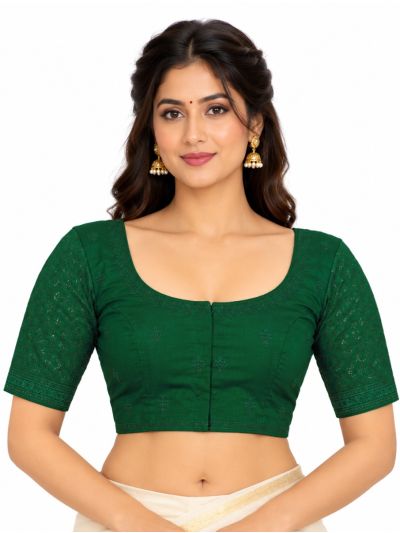 Graceful Essence Art Silk Dark Green Floral Embroidered Padded Blouse