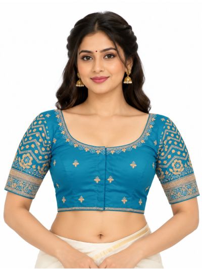 Graceful Essence Art Silk Peacock Blue Gold Embroidered Padded Blouse
