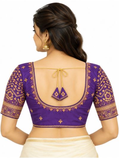 Graceful Essence Art Silk Royal Purple Gold Embroidered Padded Blouse