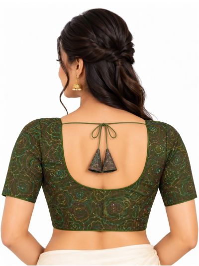 Graceful Essence Art Silk Olive Green Multicolour Floral Embroidered Padded Blouse