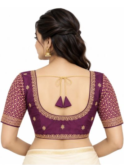 Graceful Essence Art Silk Plum Purple Gold Embroidered Padded Blouse