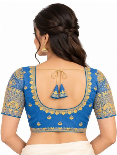 Graceful Essence Art Silk Royal Blue Gold Embroidered Padded Blouse