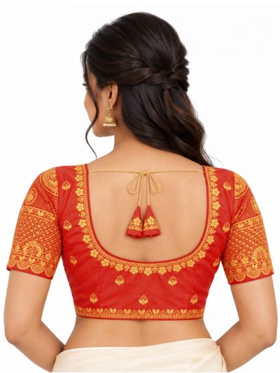 Graceful Essence Art Silk Vermilion Red Gold Embroidered Padded Blouse