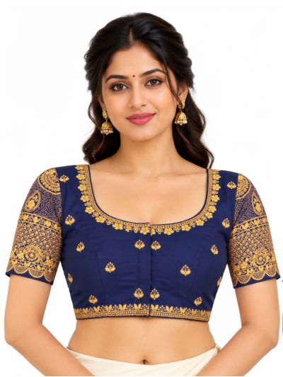 Graceful Essence Art Silk Navy Blue Gold Embroidered Padded Blouse