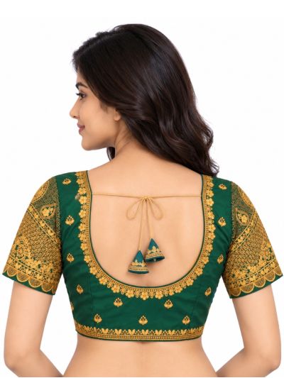 Graceful Essence Art Silk Bottle Green Gold Embroidered Padded Blouse