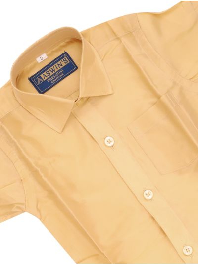 Gracecharm Boys Art Silk Half Sleeve Plain Shirt with Golden Zari Border Dhoti Set