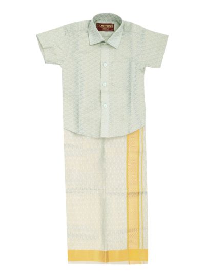 Gracecharm Boys Art Silk Half Sleeve Geometric Jacquard Shirt Dhoti Set
