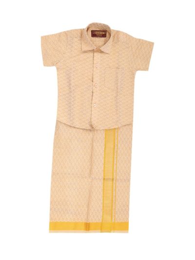 Gracecharm Boys Art Silk Half Sleeve Geometric Jacquard Shirt and Dhoti Set