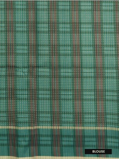 GraceCharm Semi Jute Striped Body Checked Pallu Temple Border Saree