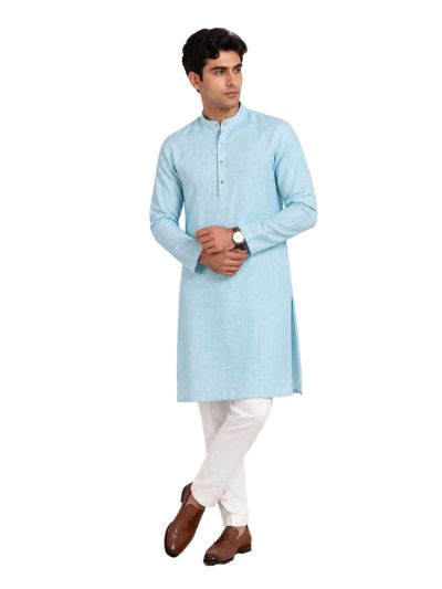 Men Branded Linen Kurta Set Light Aqua Blue Solid with White Pants