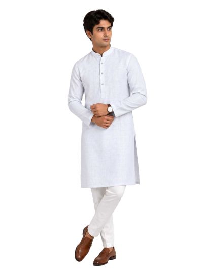 Men branded linen kurta set White Solid with White Pants