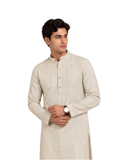 Men branded linen kurta set Light Beige Solid with White Pants