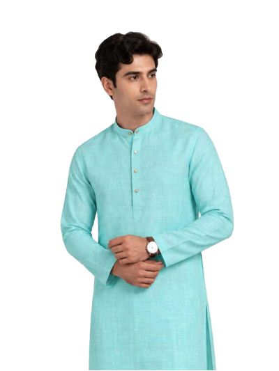 Men branded linen kurta set Aqua Green Solid with White Pants