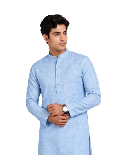 Men branded linen kurta set Sky Blue Solid with White Pants