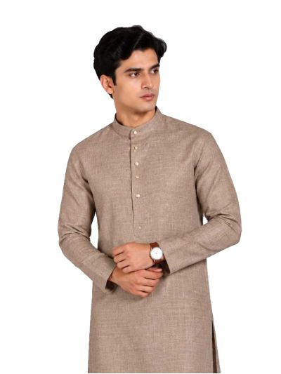 Men branded linen kurta set Taupe Brown Solid with White Pants