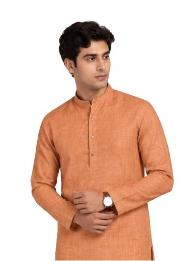 Men branded linen kurta set Burnt Orange Solid with White Pants