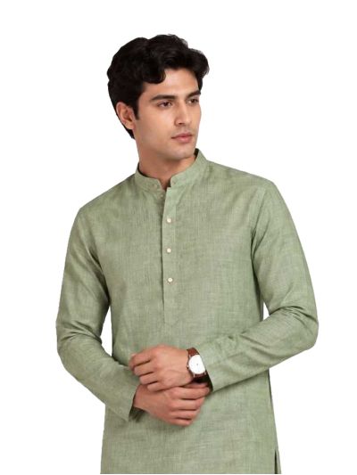 Men branded linen kurta set Sage Green Solid with White Pants