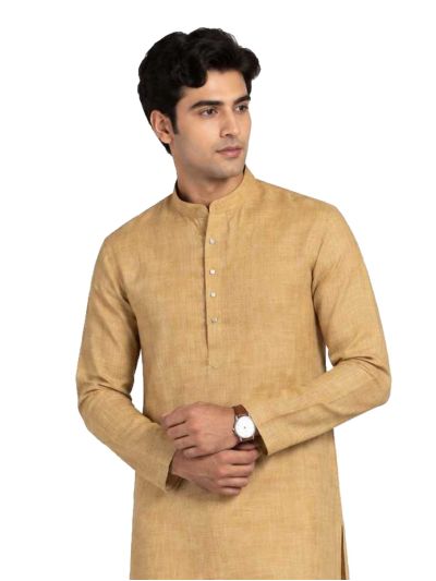 Men branded linen kurta set Mustard Yellow Solid with White Pants