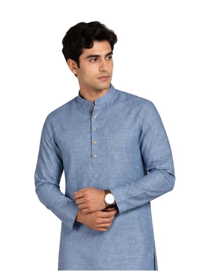 Men branded linen kurta set Steel Blue Solid with White Pants