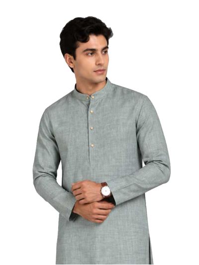 Men branded linen kurta set Greenish Grey Solid with White Pants