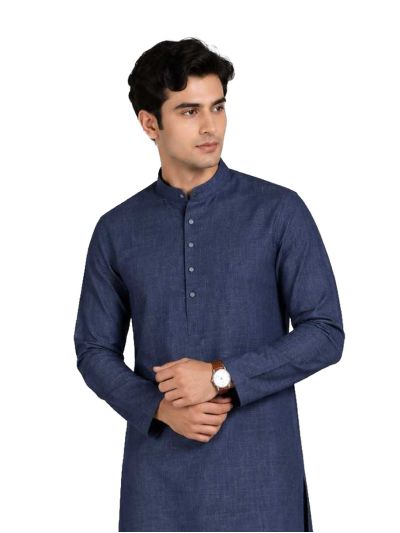 Men branded linen kurta set Navy Blue Solid with White Pants