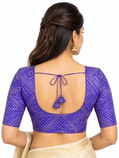 Graceful Essence Art Silk Royal Blue Geometric Embroidered Padded Blouse