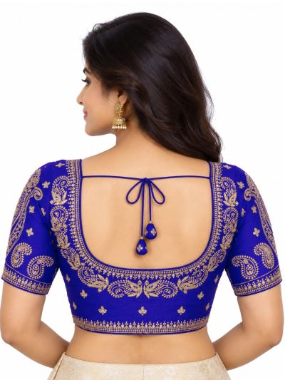 Graceful Essence Art Silk Royal Blue Paisley Embroidered Padded Blouse