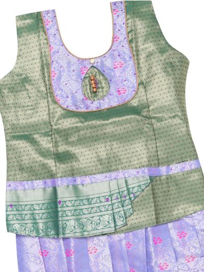 Charming Girls Sage Green Readymade Art Silk Pattu Pavadai Set