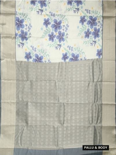 Gracecharm Art Soft Silk Blue Hibiscus Floral Print Border Saree