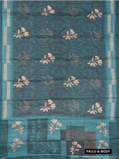 Gracecharm Semi Tussar Floral Sprig Greek Key Colour Block Pallu Saree