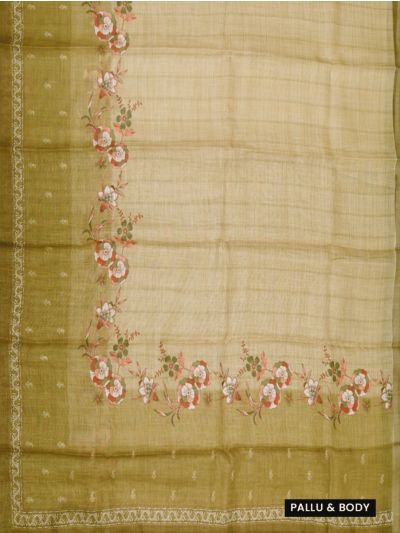 Gracecharm Semi Tussar L-Shaped Floral Vine Paisley Border Printed Saree