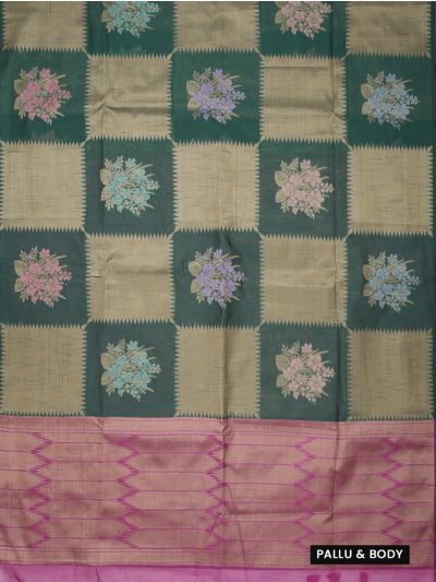 Gracecharm Kota Tussar Floral Bouquet Check Serrated Zigzag Pallu Saree