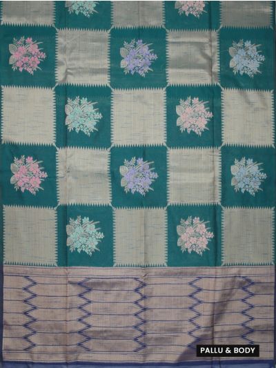 Gracecharm Kota Tussar Floral Bouquet Check Serrated Zigzag Pallu Saree