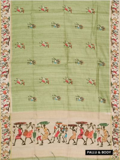 Gracecharm Semi Linen Warli Butta with Tribal Procession Pallu Saree